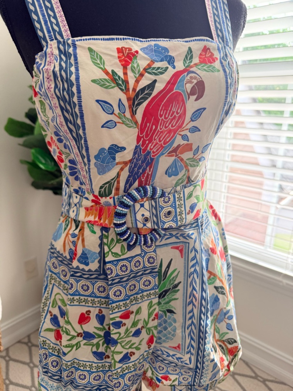 FARM Rio Anthropologie Tropical Parrot Romper with Belt Green & Blue Leaf Print - Picture 2 of 8